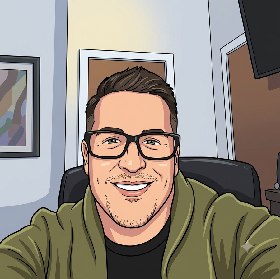 Cartoon-style illustration of a smiling man wearing glasses and an olive-green jacket, seated indoors in front of framed artwork.