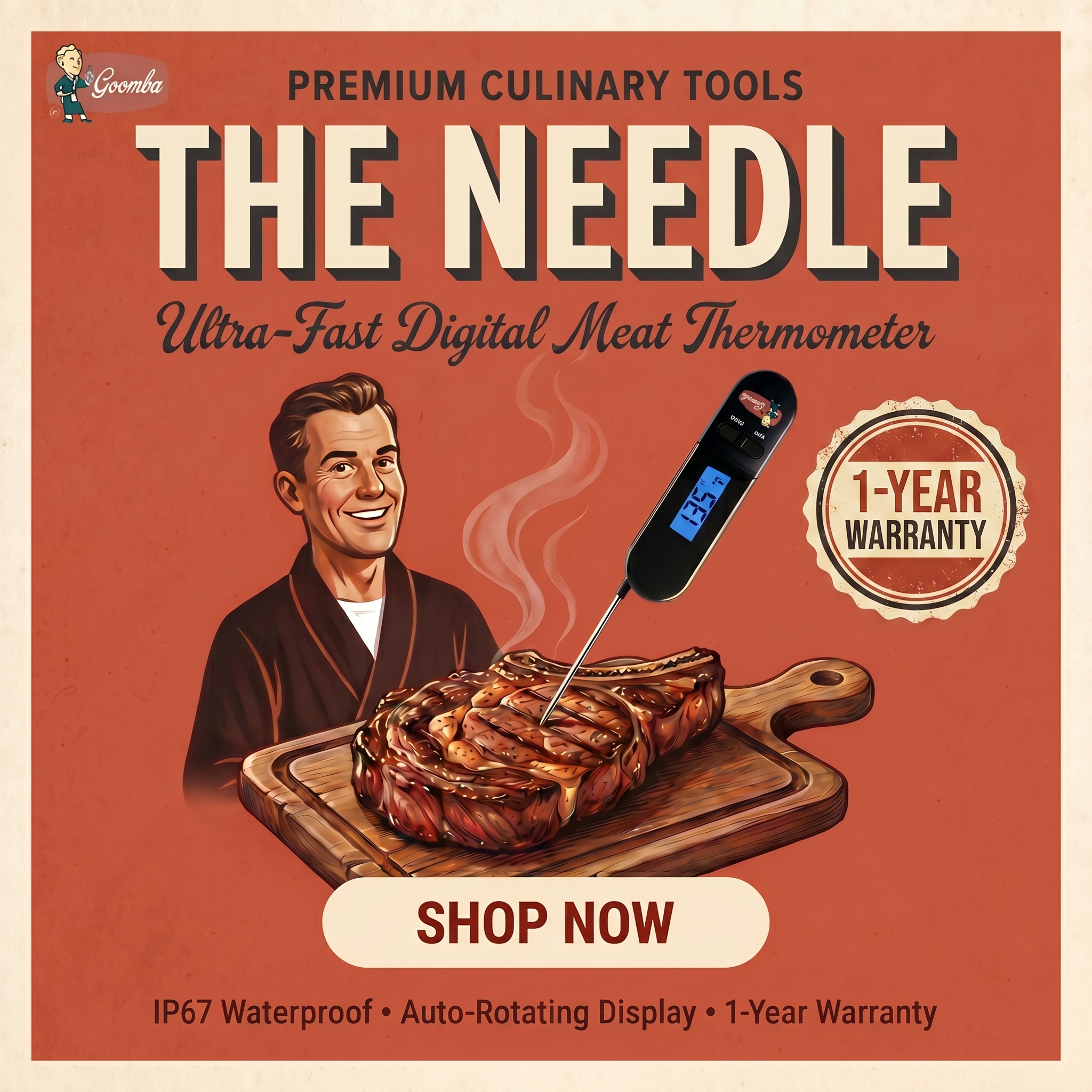 Goomba "The Needle" Premium Digital Meat Thermometer with Probe Motion Sensor | 1 Year Warranty | Easy to Use Food Thermometer