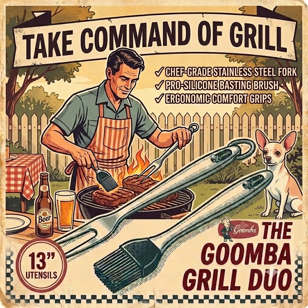 Ultimate Goomba 4-Piece Stainless Steel BBQ Tool Set with Magnetic Hooks