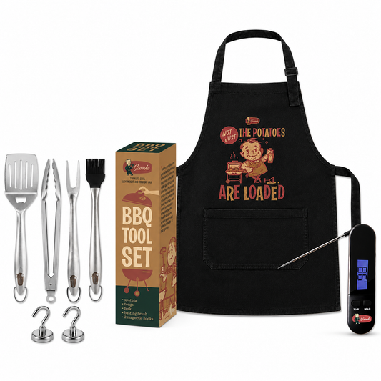 Ultimate BBQ Bundle  – Meat Thermometer, 4-PC Stainless Steel Grilling Tool Set & Premium BBQ Apron