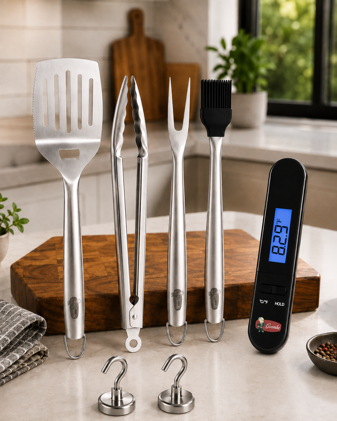 A 5-piece stainless steel BBQ tool set with magnetic hooks, displayed on a kitchen countertop with a wooden cutting board, potted plants, and a window in the background. The set includes a spatula, tongs, a fork, a silicone brush, a digital thermometer, and two magnetic hooks.