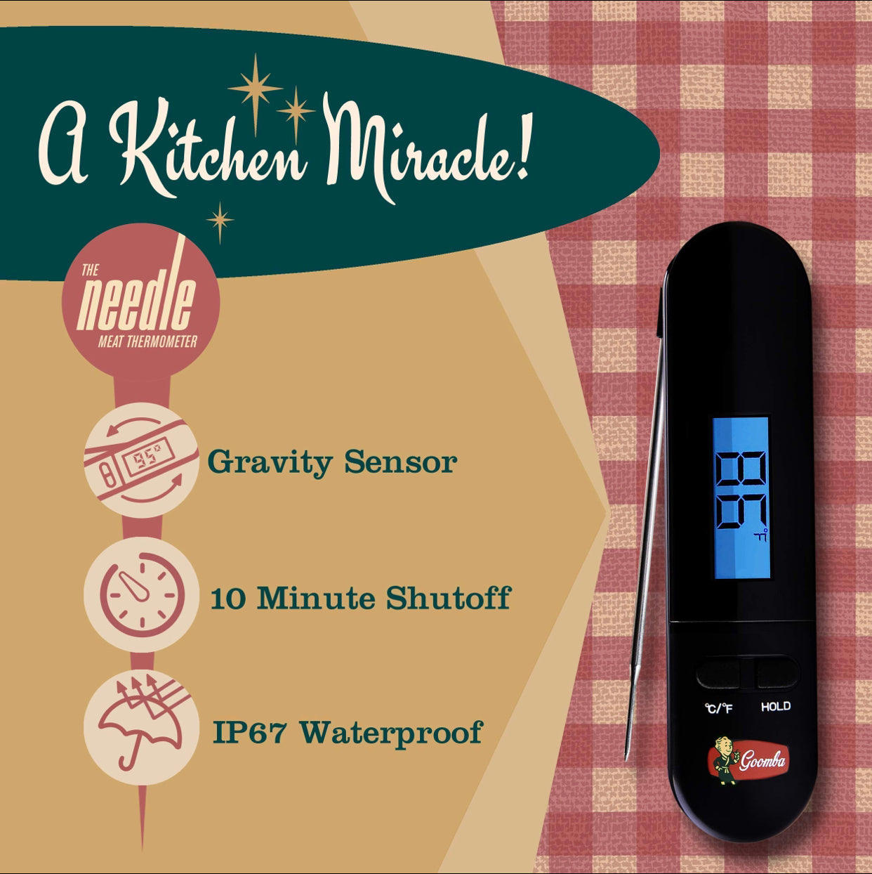 Goomba "The Needle" Premium Digital Meat Thermometer with Probe Motion Sensor | 1 Year Warranty | Easy to Use Food Thermometer
