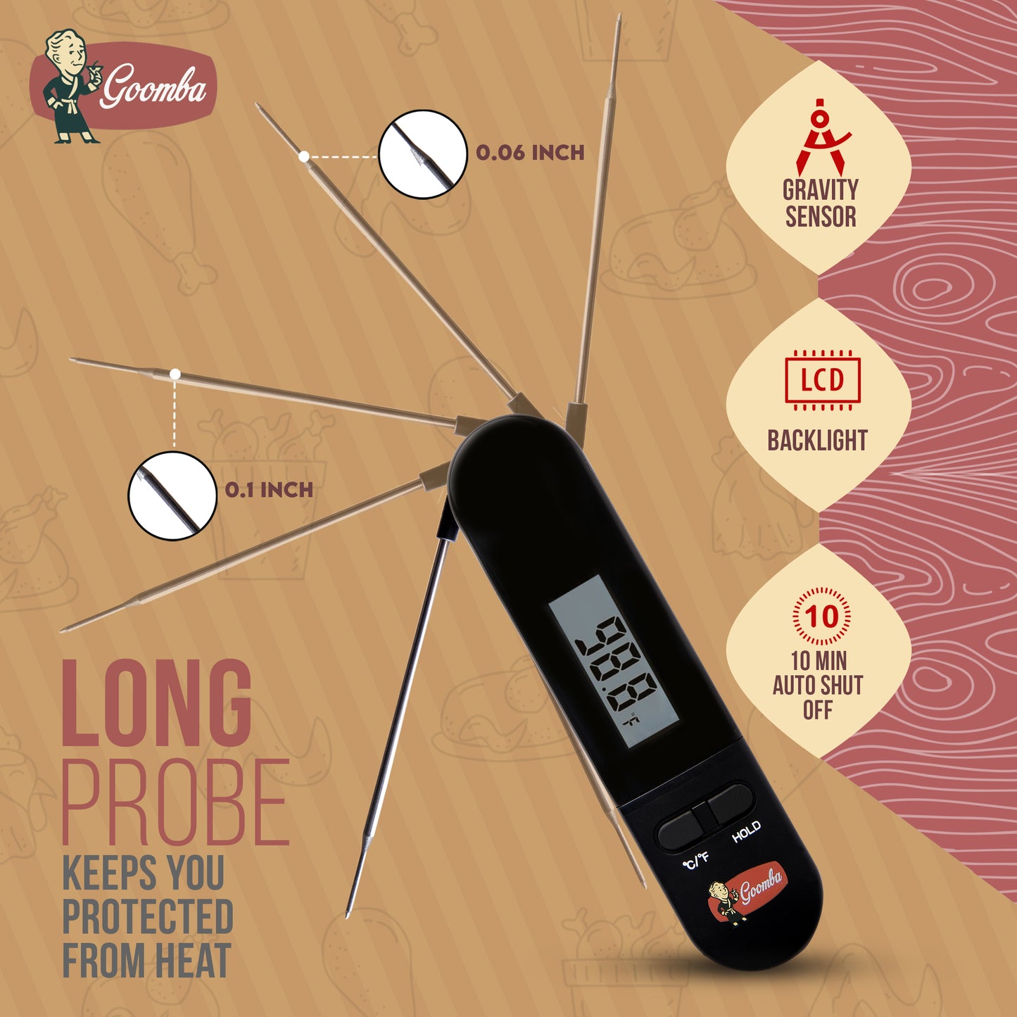Digital Meat Thermometer with Smart Probe — Goomba's The Needle Instant Read, Motion Sensor, 1-Year Warranty