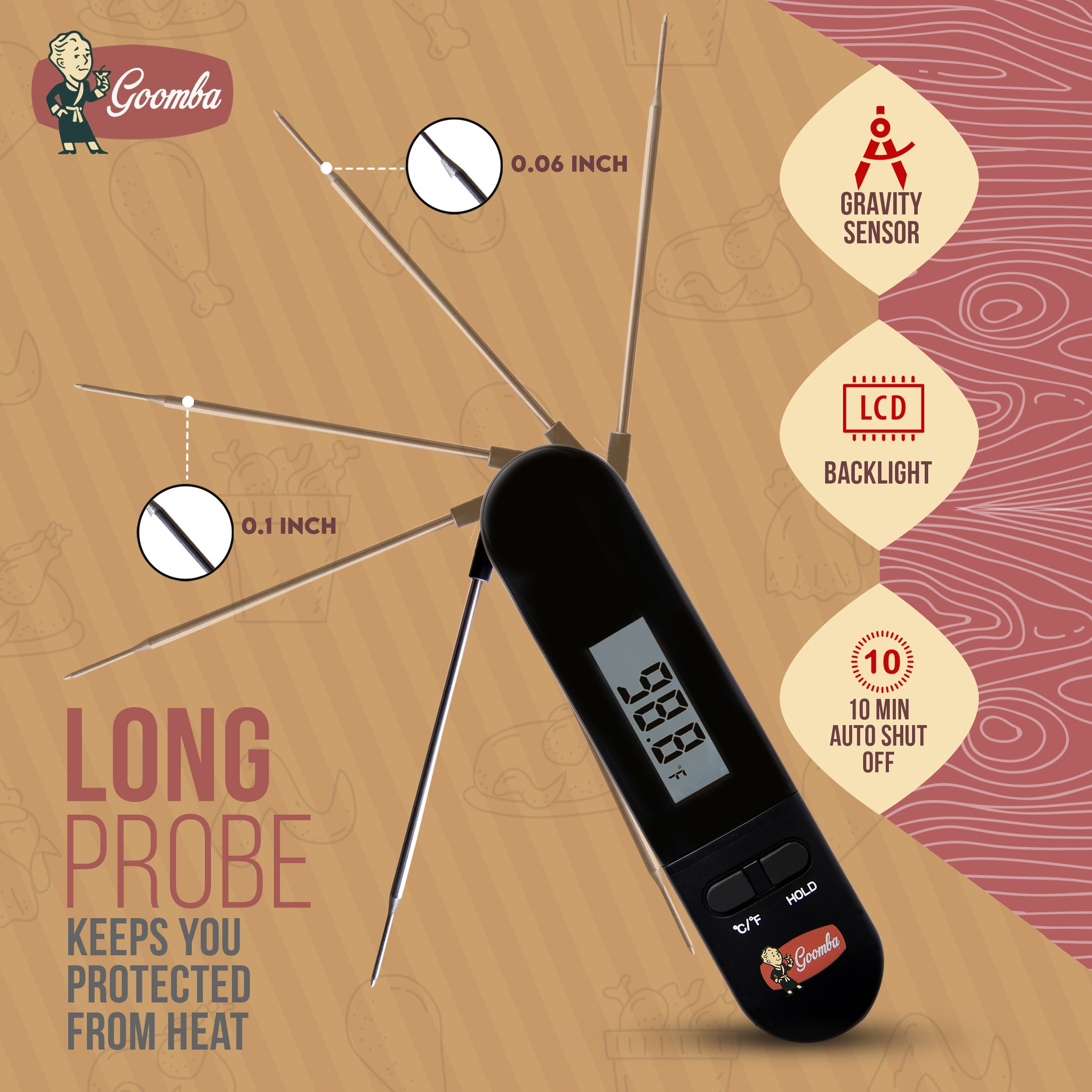 Goomba "The Needle" Premium Digital Meat Thermometer with Probe Motion Sensor | 1 Year Warranty | Easy to Use Food Thermometer
