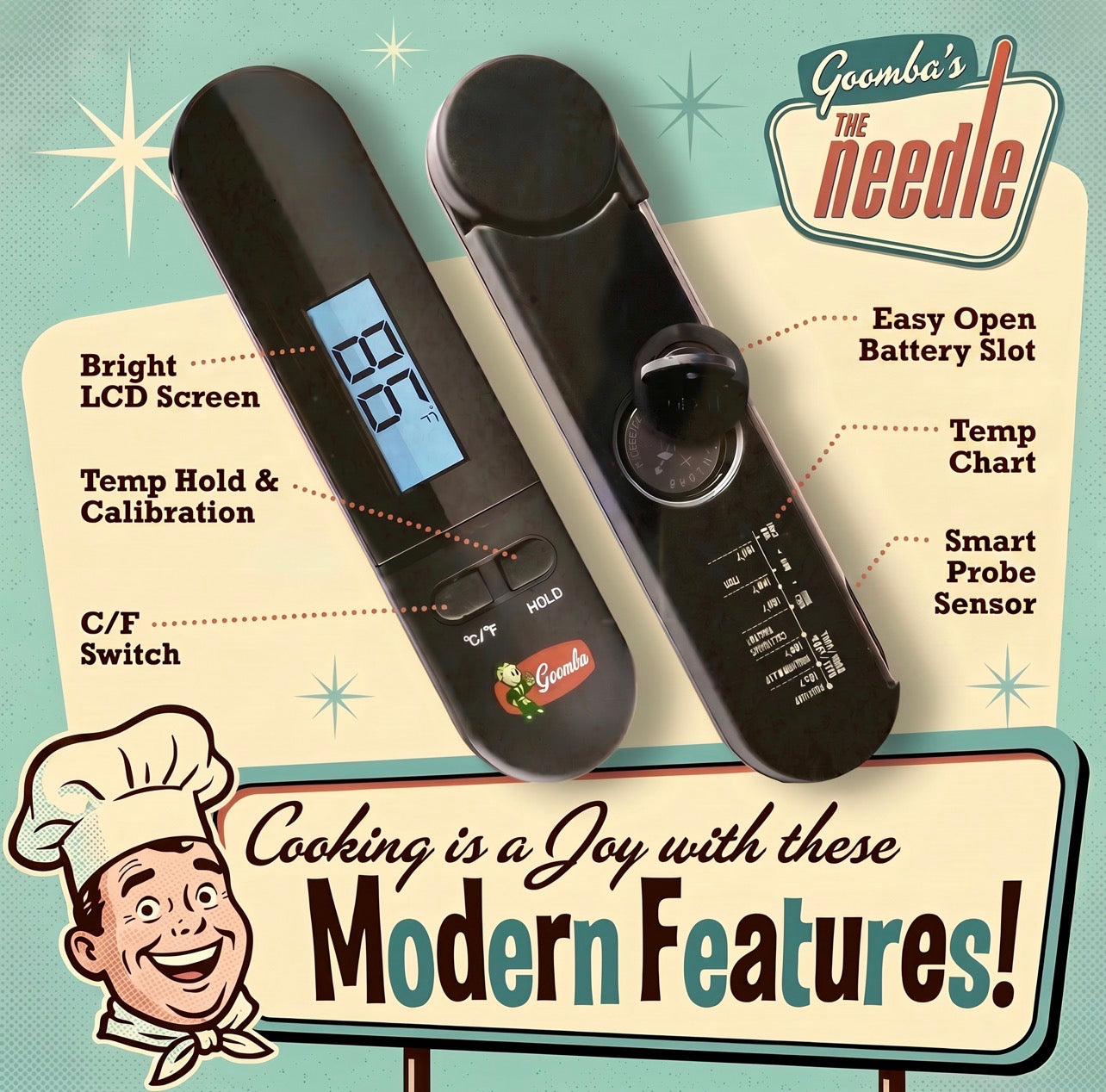 Digital Meat Thermometer with Smart Probe — Goomba's The Needle Instant Read, Motion Sensor, 1-Year Warranty