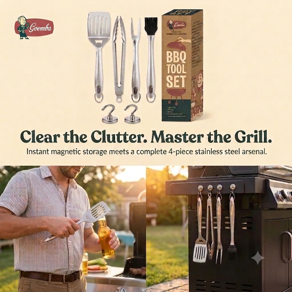 Ultimate Goomba 4-Piece Stainless Steel BBQ Tool Set with Magnetic Hooks