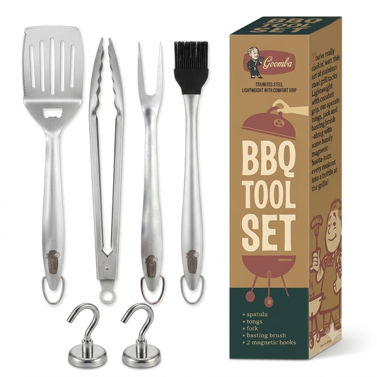 Premium Goomba 4-Piece Stainless Steel BBQ Tool Set with Magnetic Hooks
