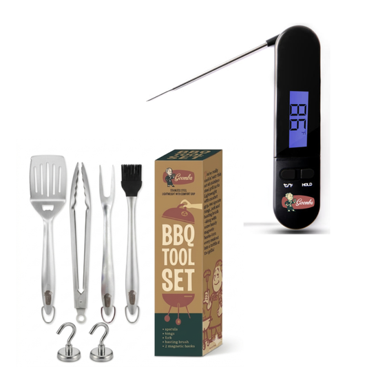 Starter BBQ Bundle - Meat Thermometer and 4-PC Stainless Steel Grilling Tool Set w/Comfort Grips
